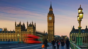 UK, London, Big Ben, Houses of Parliament and bus on Westminster Bridge at dusk